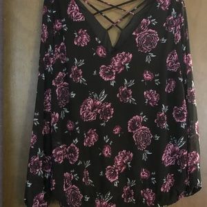 Torid Sheer Sleeve blouse with criss cross back